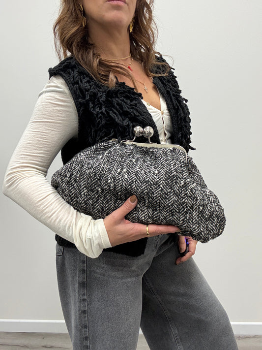 Borsa porchette in tweed bianco e nero Susy Mix