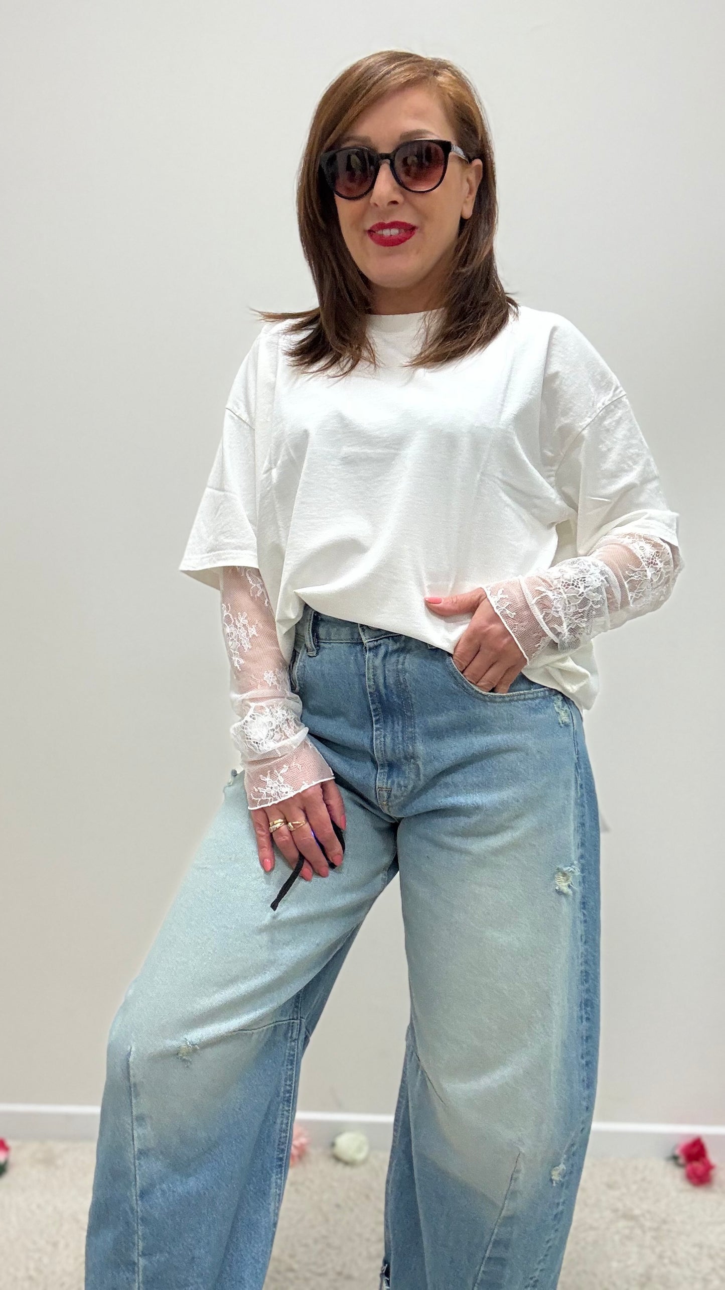 Susy Mix T-Shirt con Manica in Pizzo Bianca