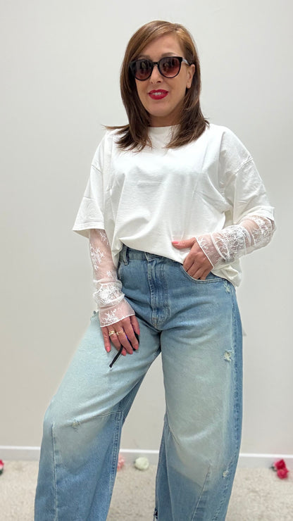 Susy Mix T-Shirt con Manica in Pizzo Bianca