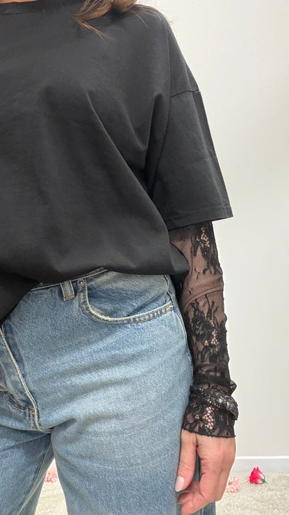 Susy Mix T-Shirt con Manica in Pizzo Nera