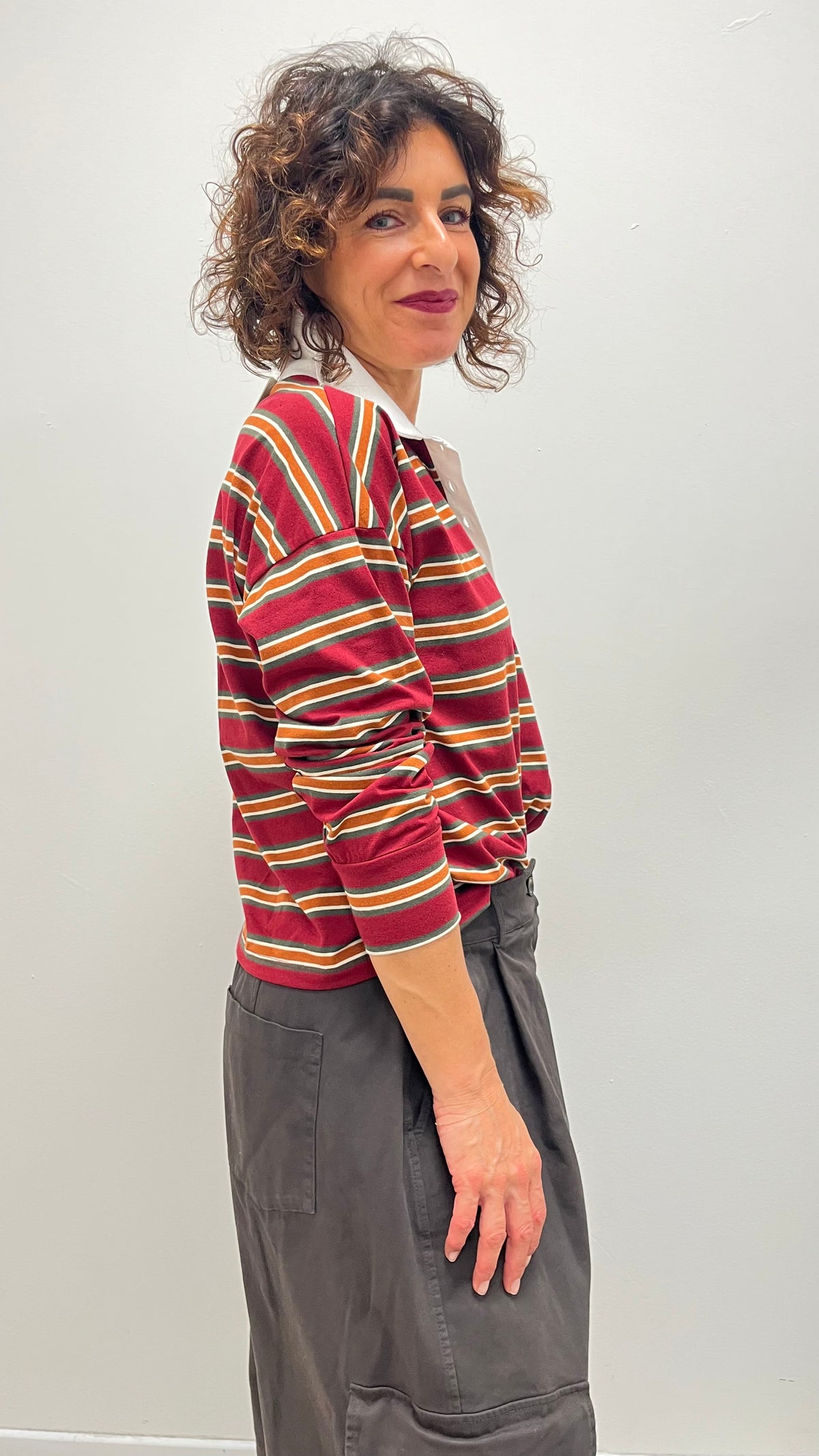 Polo donna a righe in cotone bordeaux My-d
