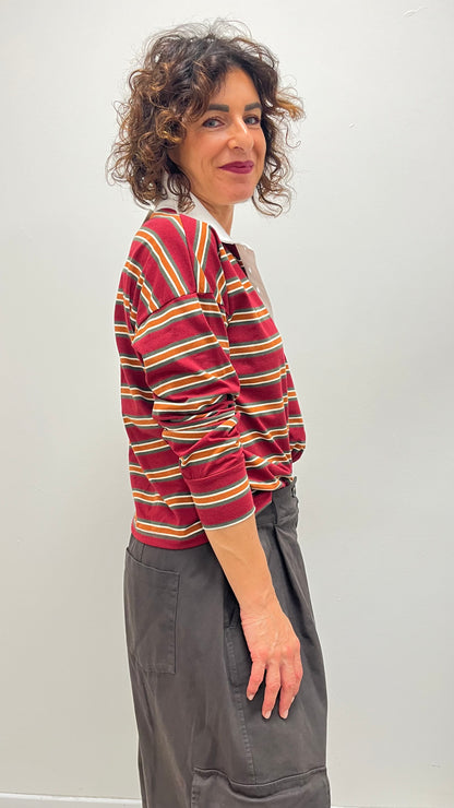 Polo donna a righe in cotone bordeaux My-d