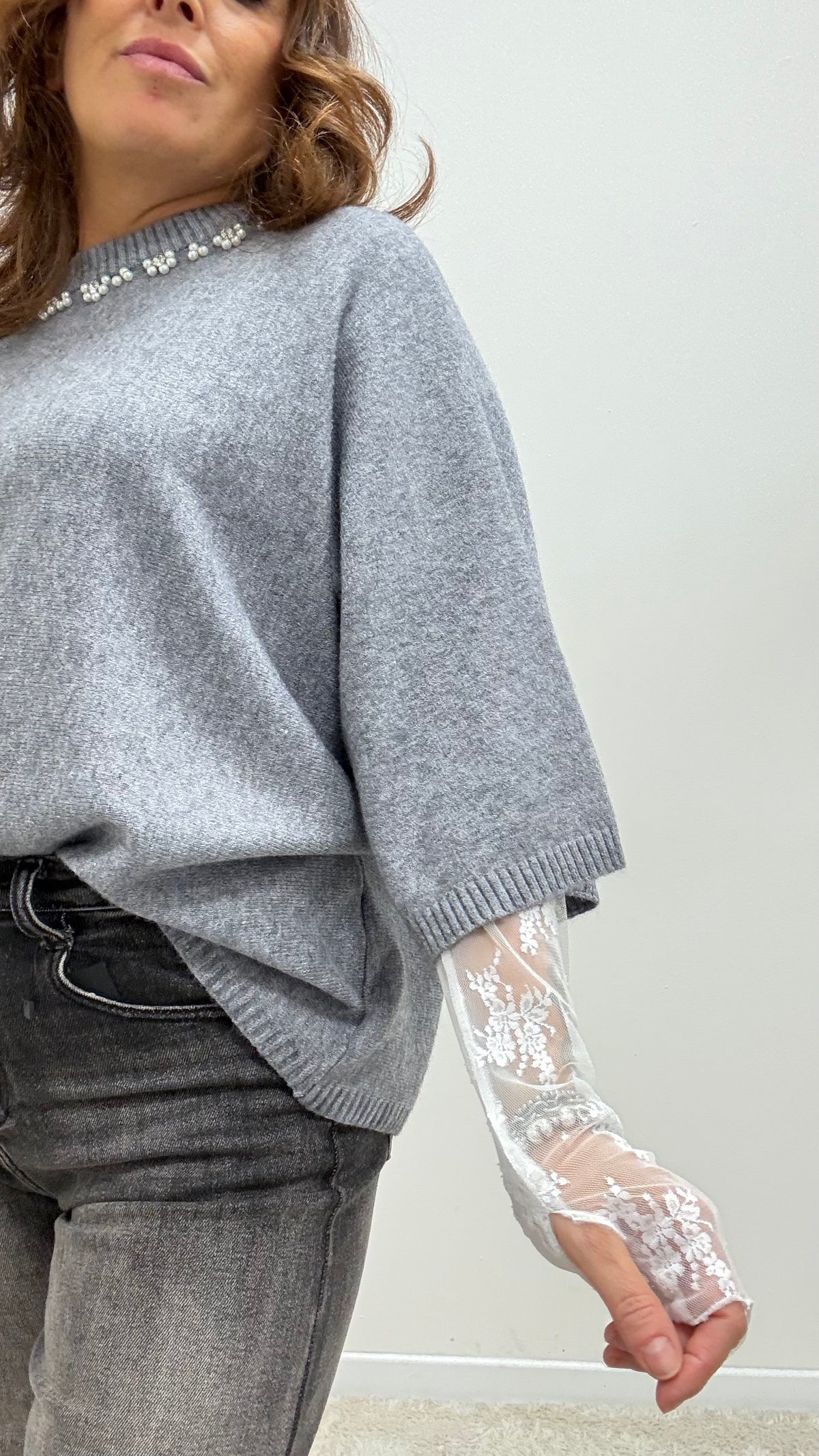 Maglia manica 3/4 con Swarovski Extyn grigio