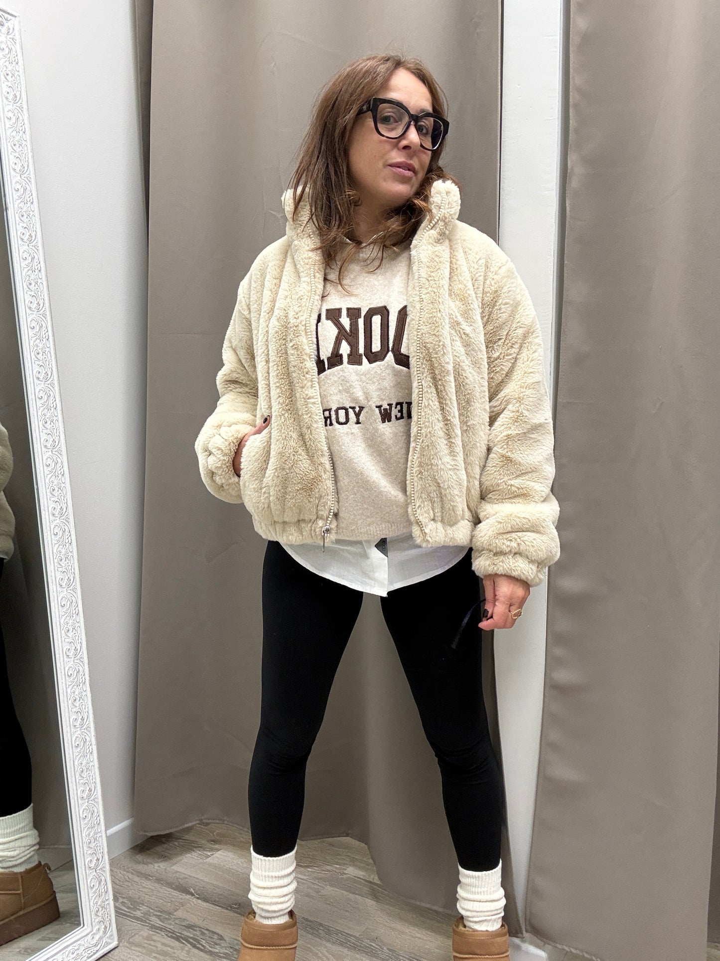 Pelliccia eco beige bomber Haveone