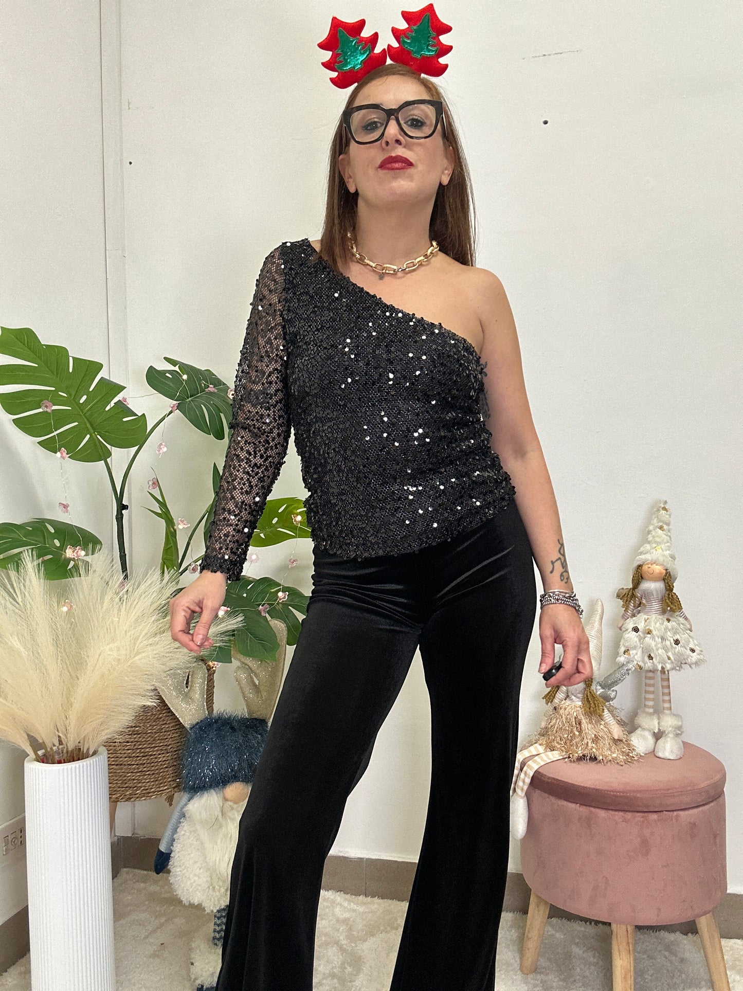 Maglia top mono spalla in paillettes