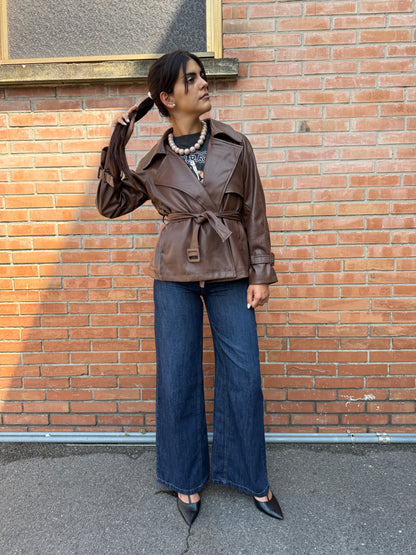 Giacca Trench ecopelle cintura Moro