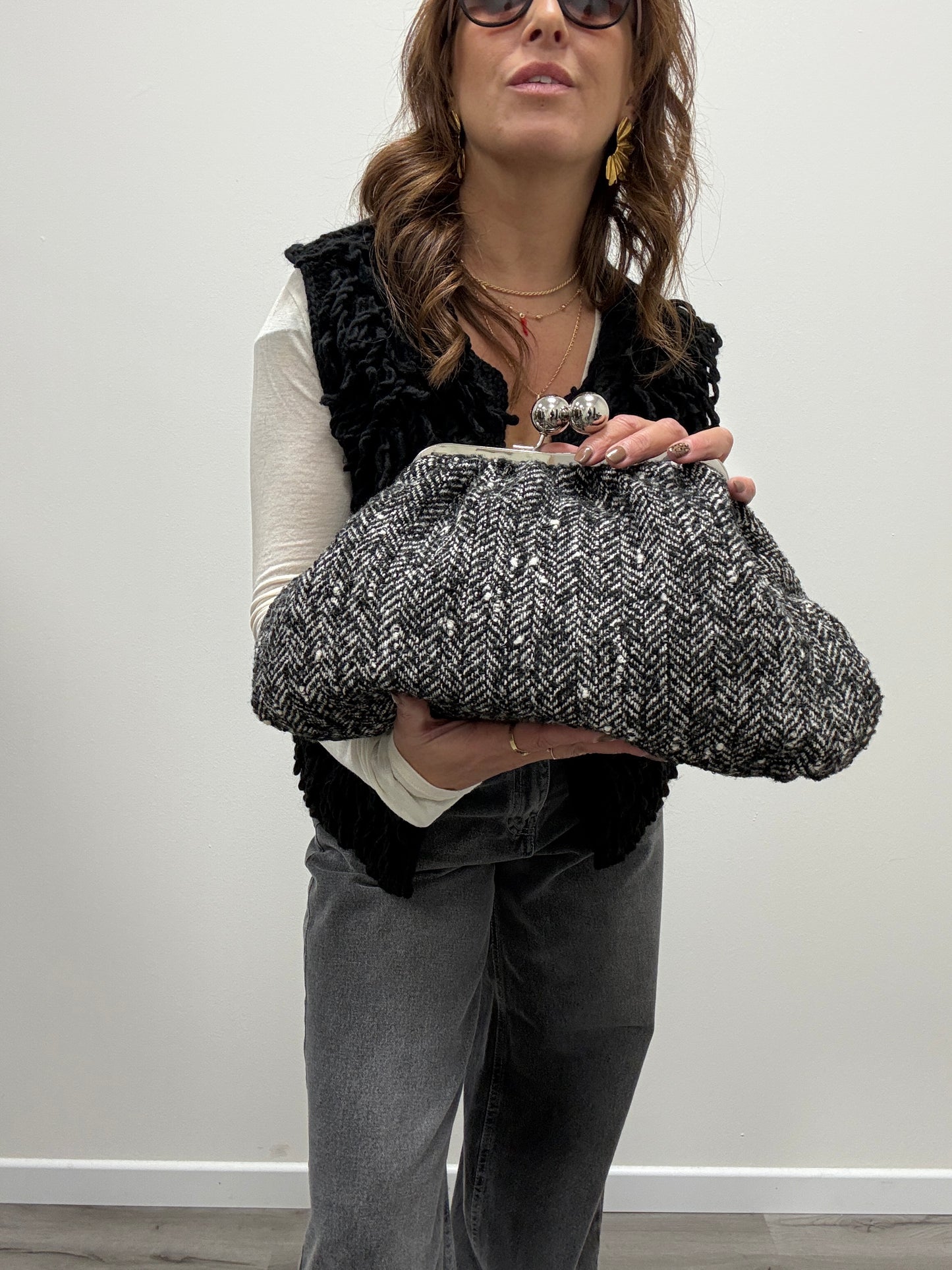 Borsa porchette in tweed bianco e nero Susy Mix
