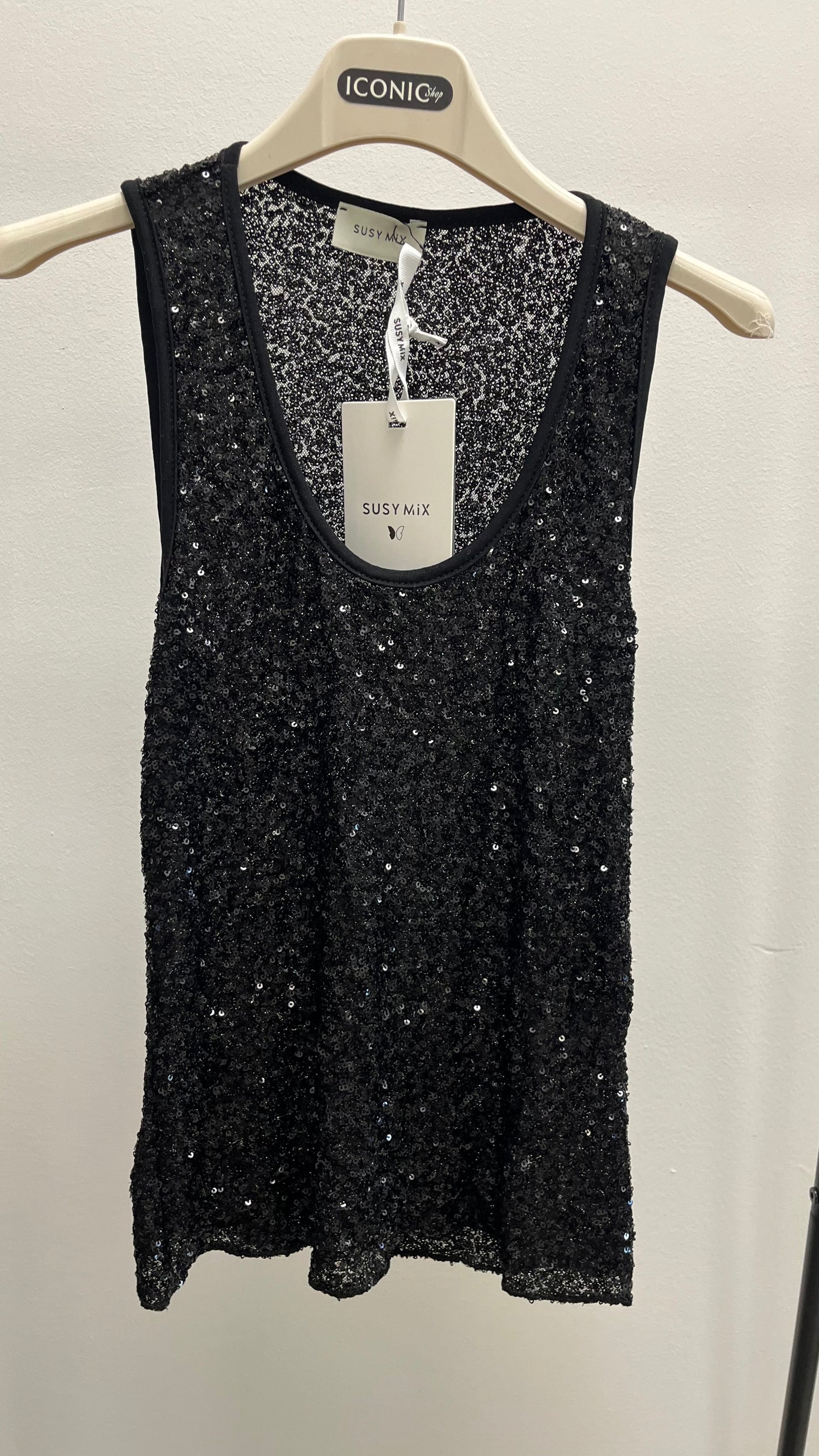 Canotta in Paillettes Nera Susy Mix