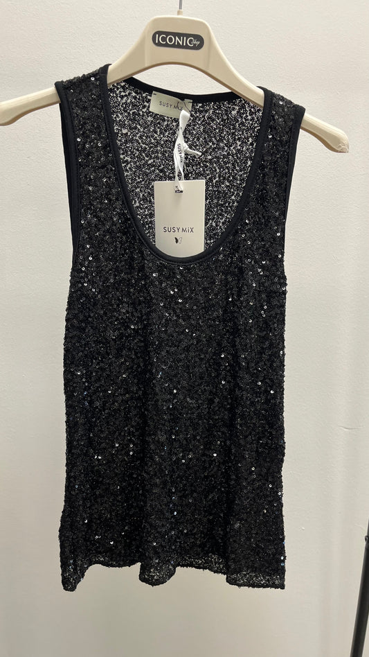 Canotta in Paillettes Nera Susy Mix