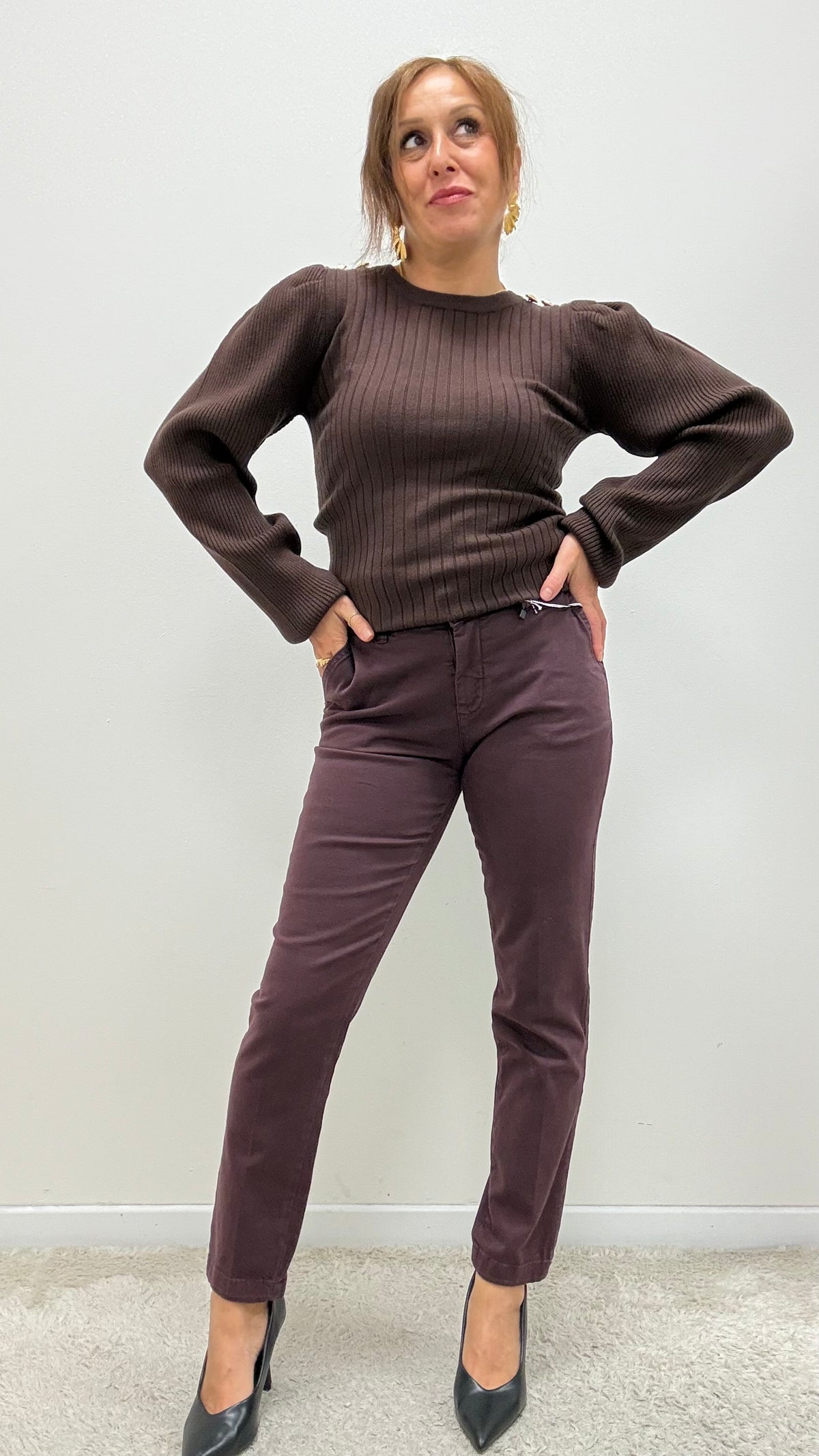 Maglia girocollo bottoni gioiello Extasy moro