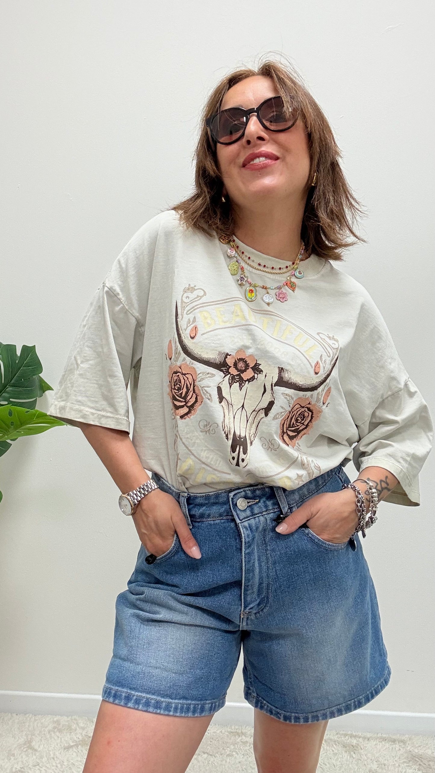 T-shirt rose skull Haveone sabbia