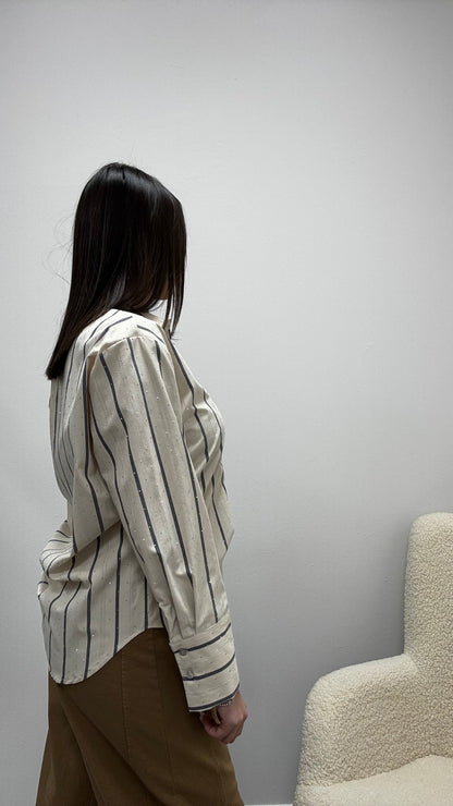 Camicia Righe burro e grigio con strass Haveone