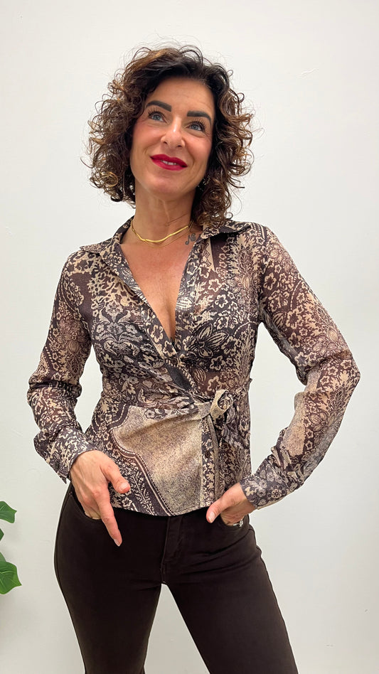 Camicia georgette fantasia con nodo Extasy moro e lurex
