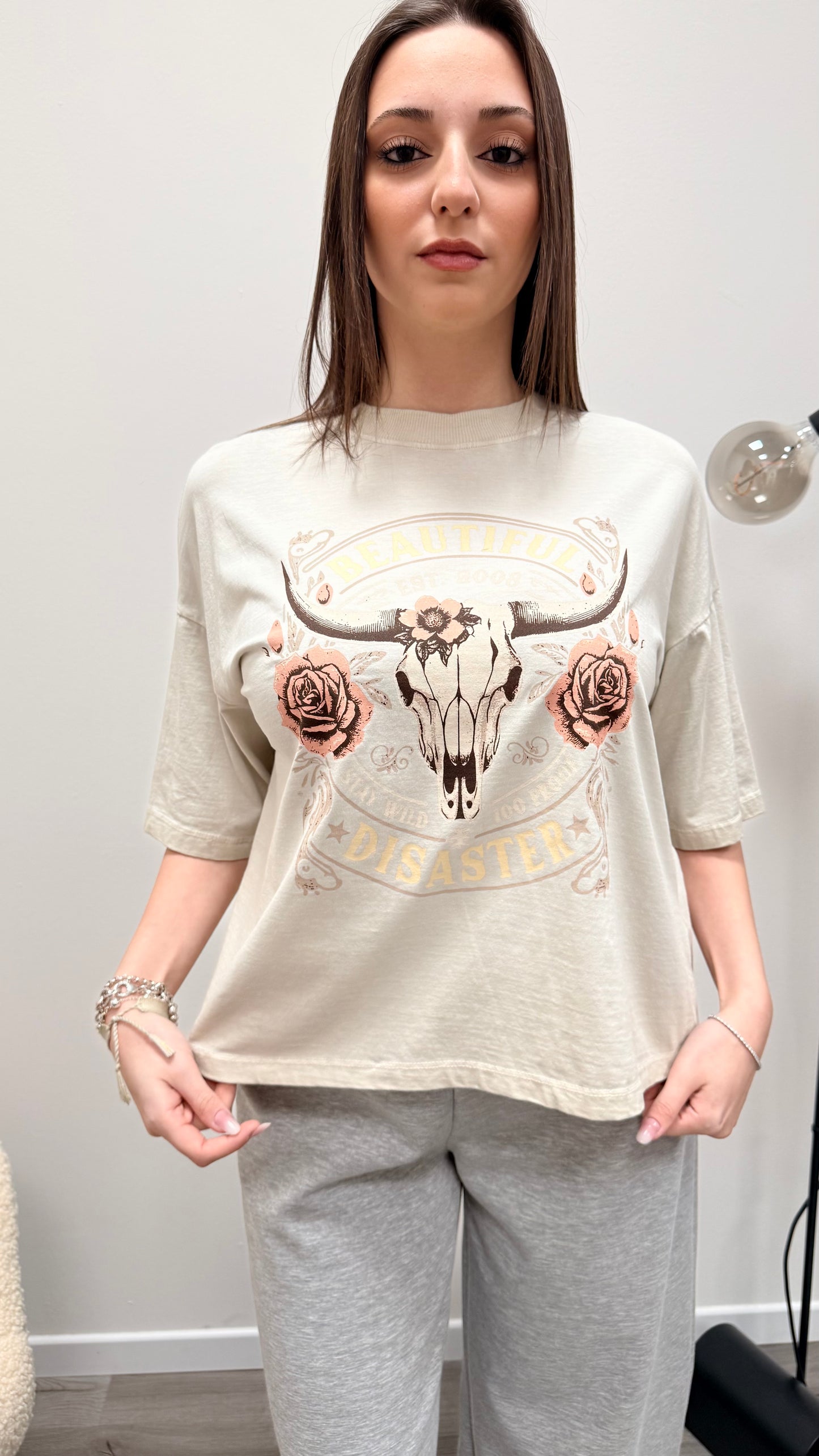 T-shirt rose skull Haveone sabbia slavato