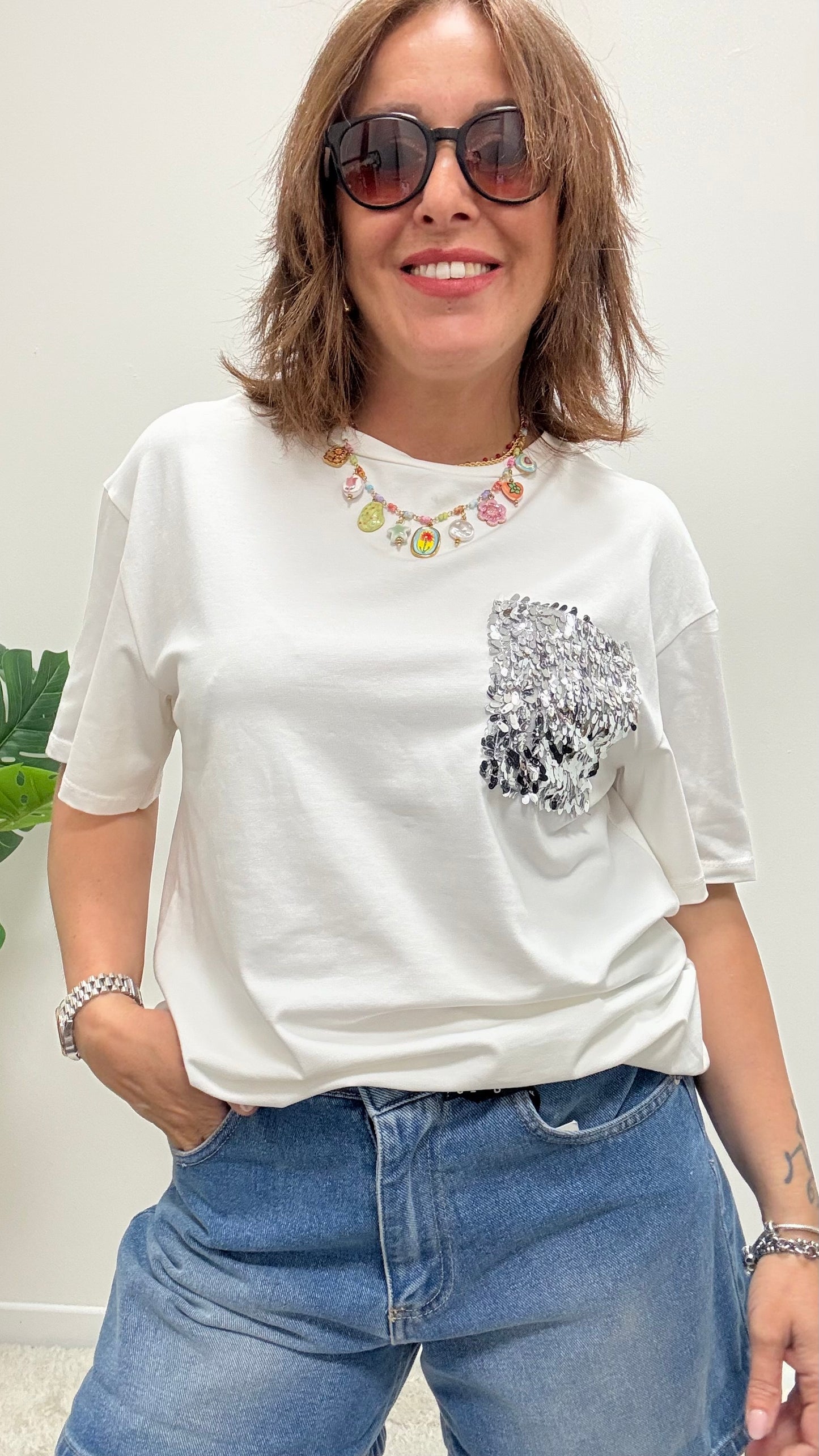 T-shirt tasca paillettes Bianca Susy Mix