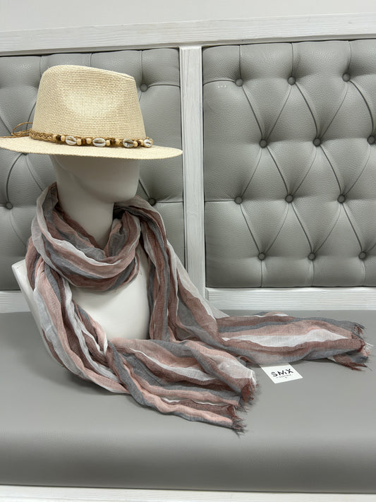 Sciarpa in cotone fantasia righe Bianco Rosso e grigio
