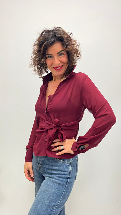 Camicia in georgette con nodo Extasy bordeaux