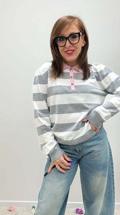 Polo righe grigio con colletto a contrasto Tensione in