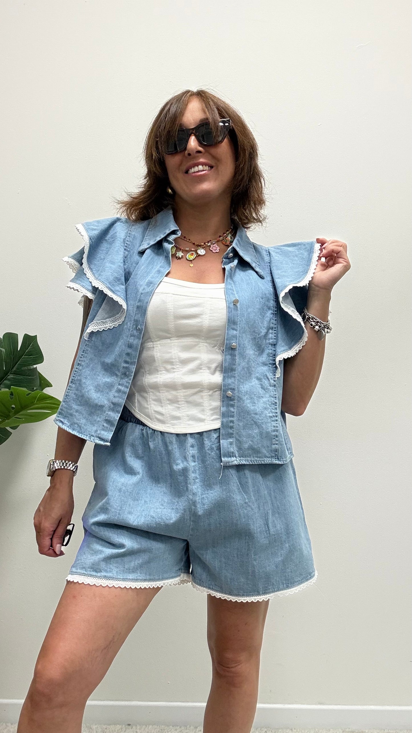 Camicia giacca crop rouches chambray Susy Mix