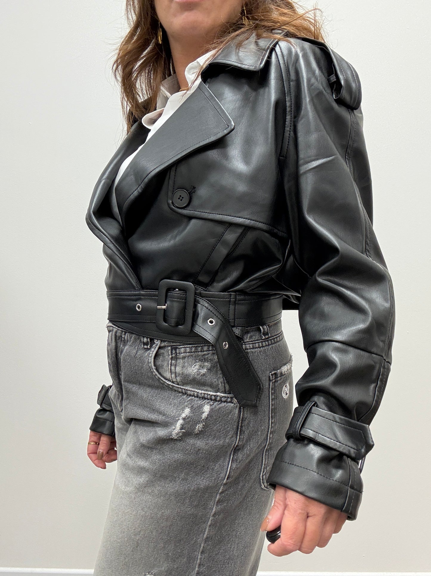 Giacca bomber ecopelle cintura nero