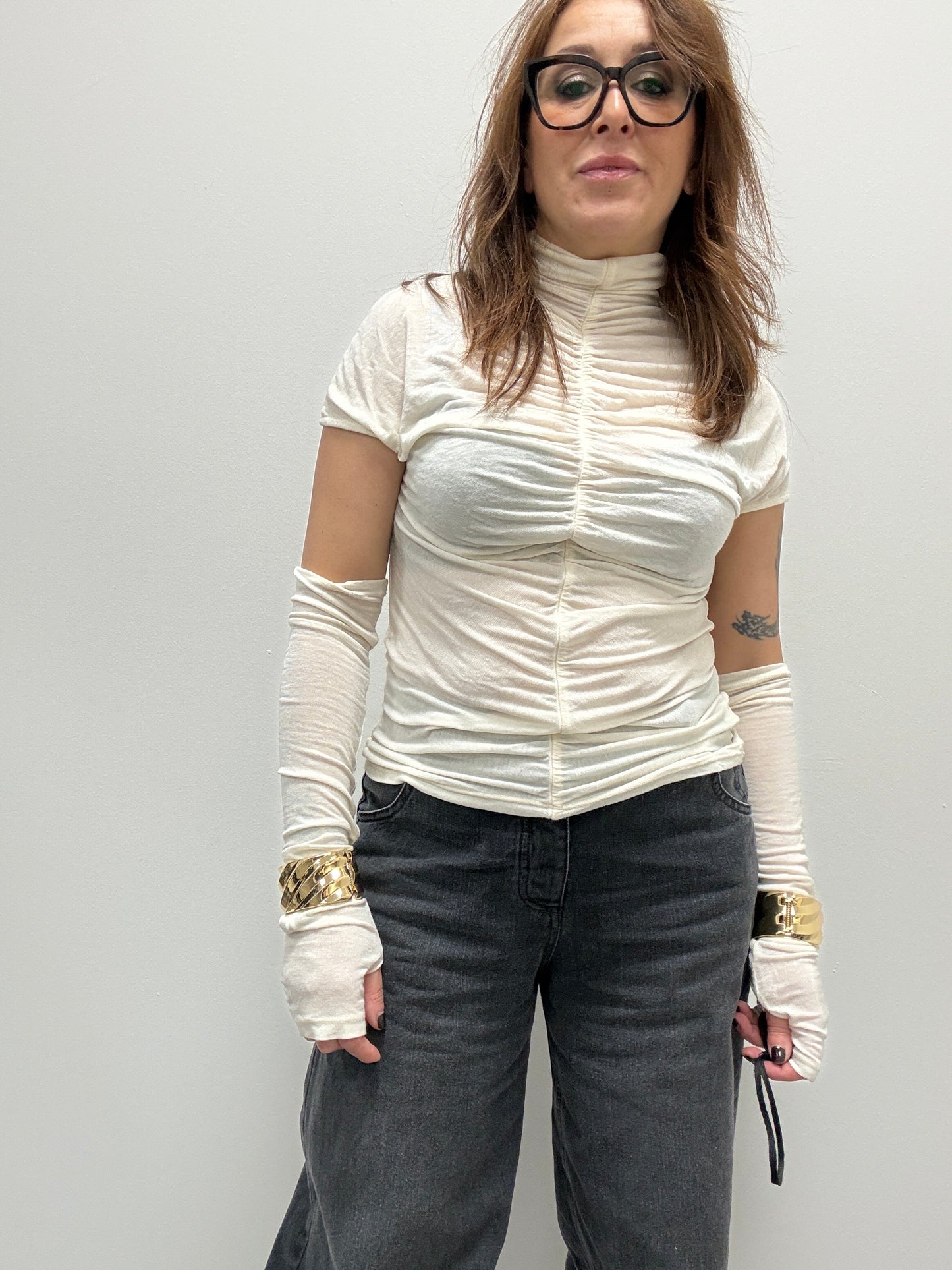 Maglia lupetto cashmire arricciato con manicotti  burro Haveone