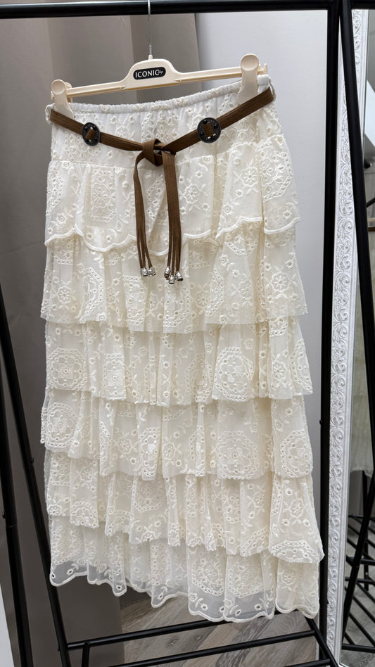 Gonna pizzo ricamata con cintura Tensione In