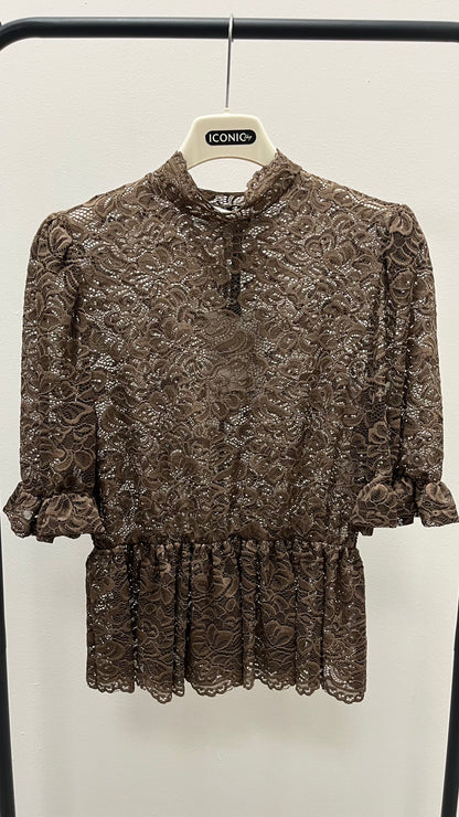 T-shirt pizzo manica sbuffo TPA-R006 moro