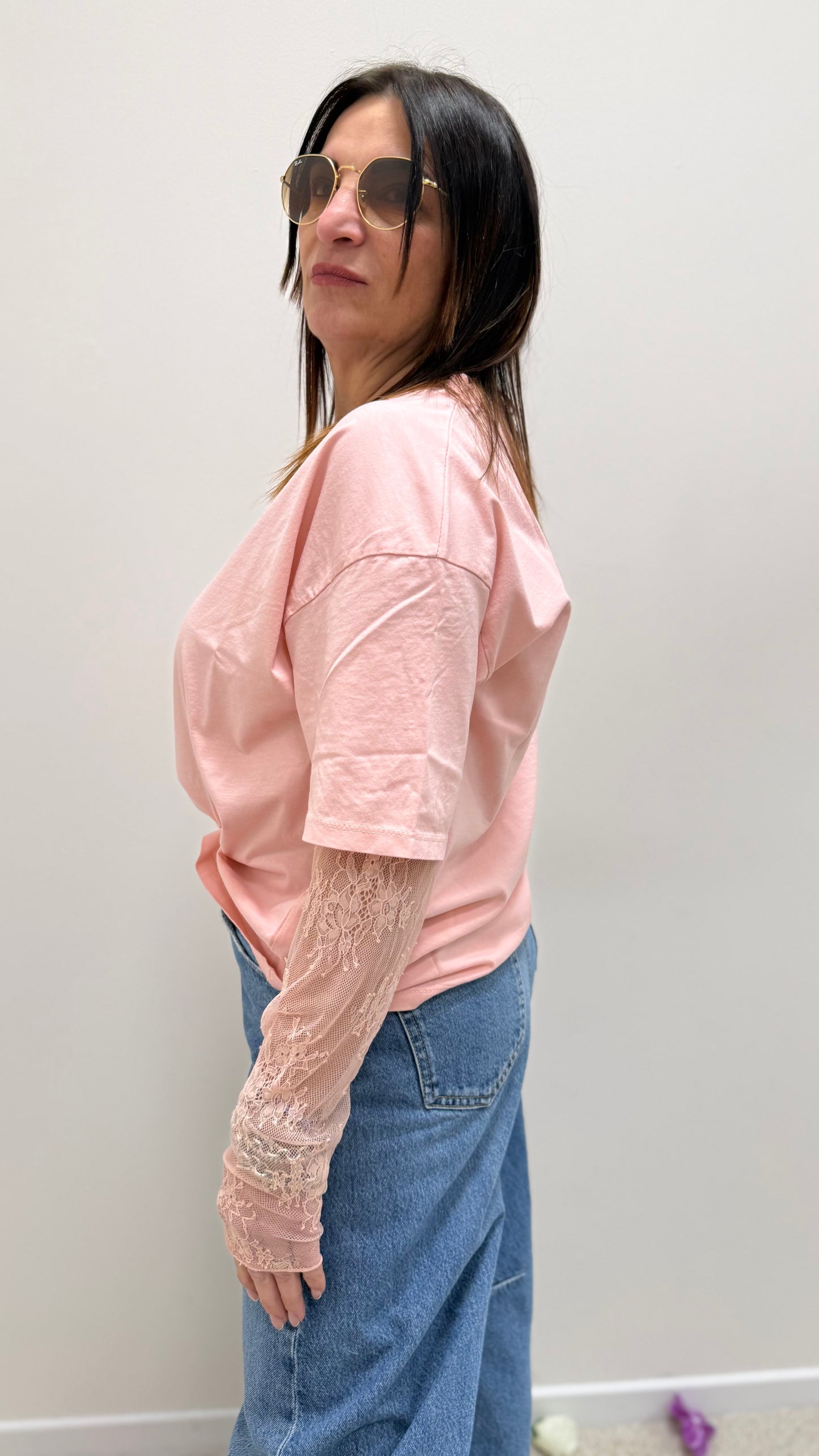 Susy Mix T-Shirt con Manica in Pizzo Rosa