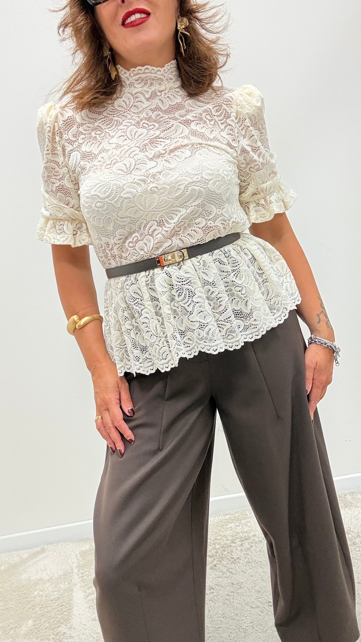 T-shirt pizzo manica sbuffo TPA-R006 burro