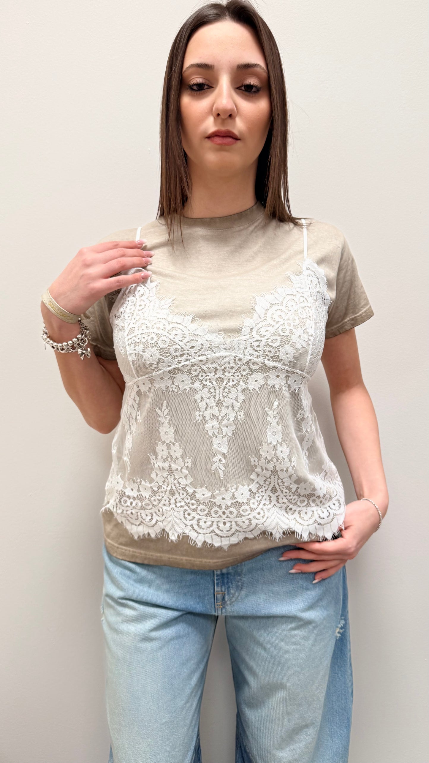 T-shirt top pizzo Haveone fango slavato