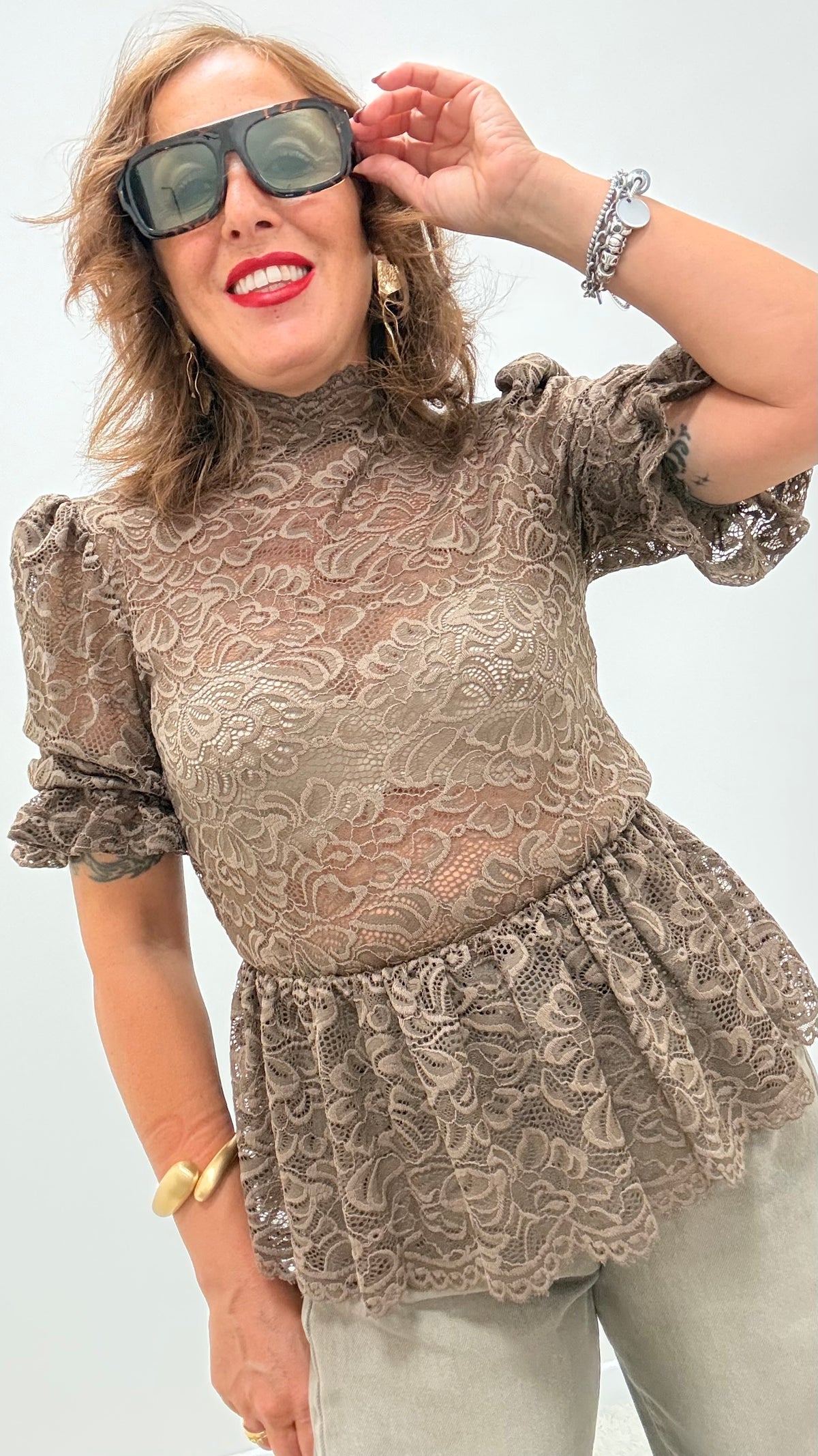 T-shirt pizzo manica sbuffo HaveOne TPA-R006 moro