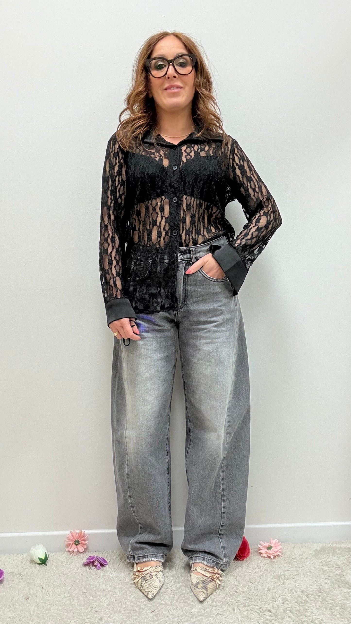 Camicia pizzo e raso Extasy nero