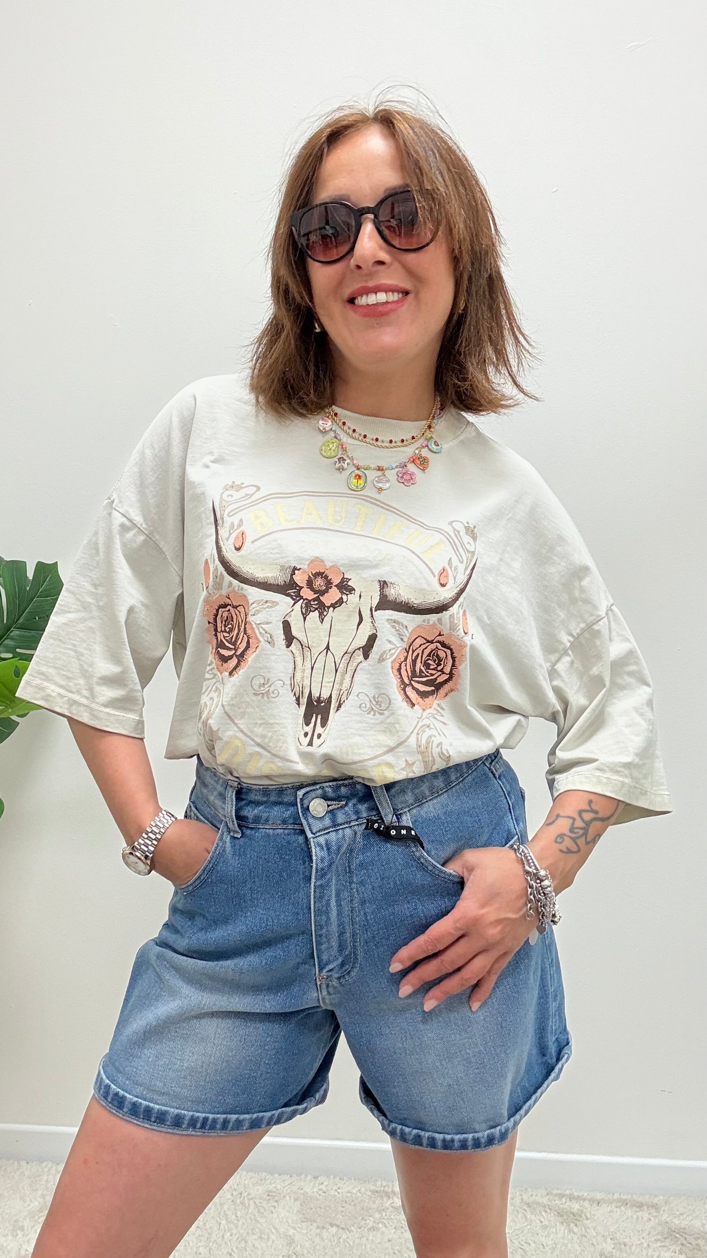 T-shirt rose skull Haveone sabbia