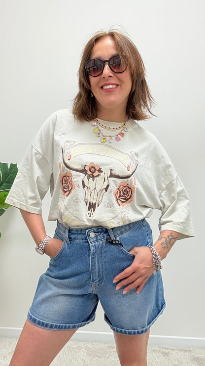 T-shirt rose skull Haveone sabbia