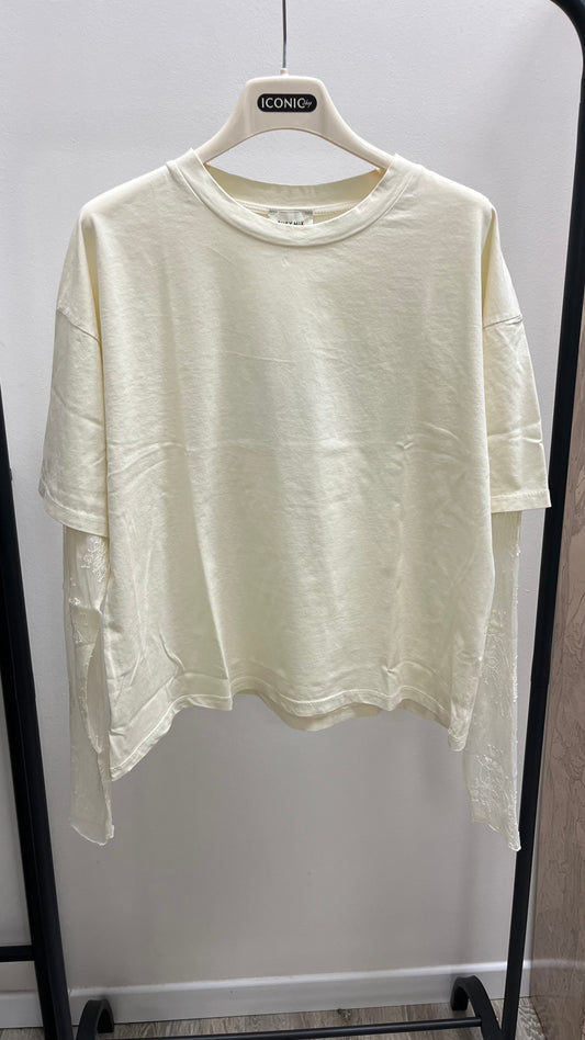 Susy Mix T-Shirt con Manica in Pizzo Avorio