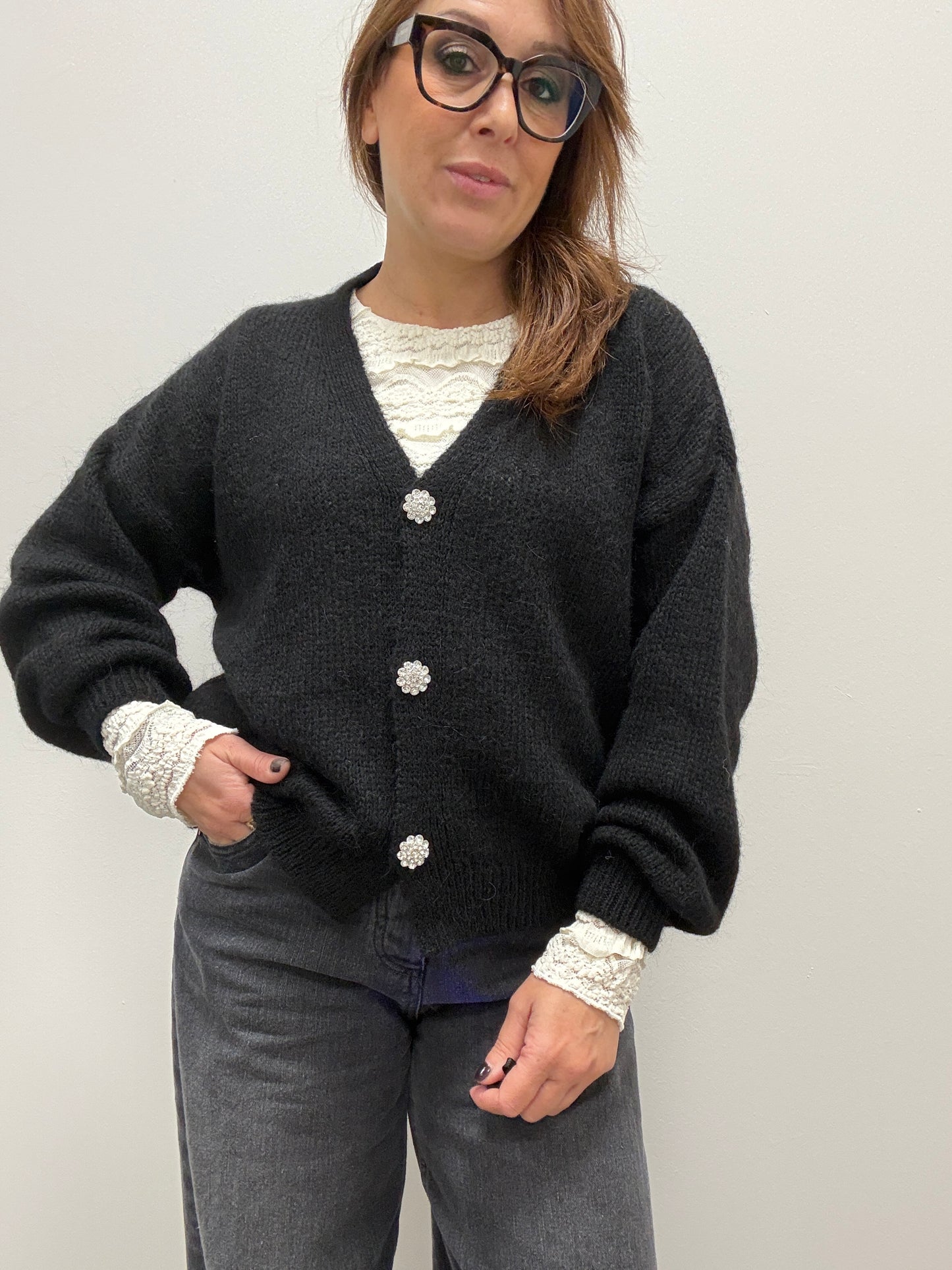 Cardigan gioiello Strass Haveone nero