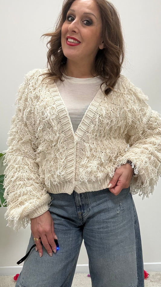 Cardigan corto con frangette burro Haveone