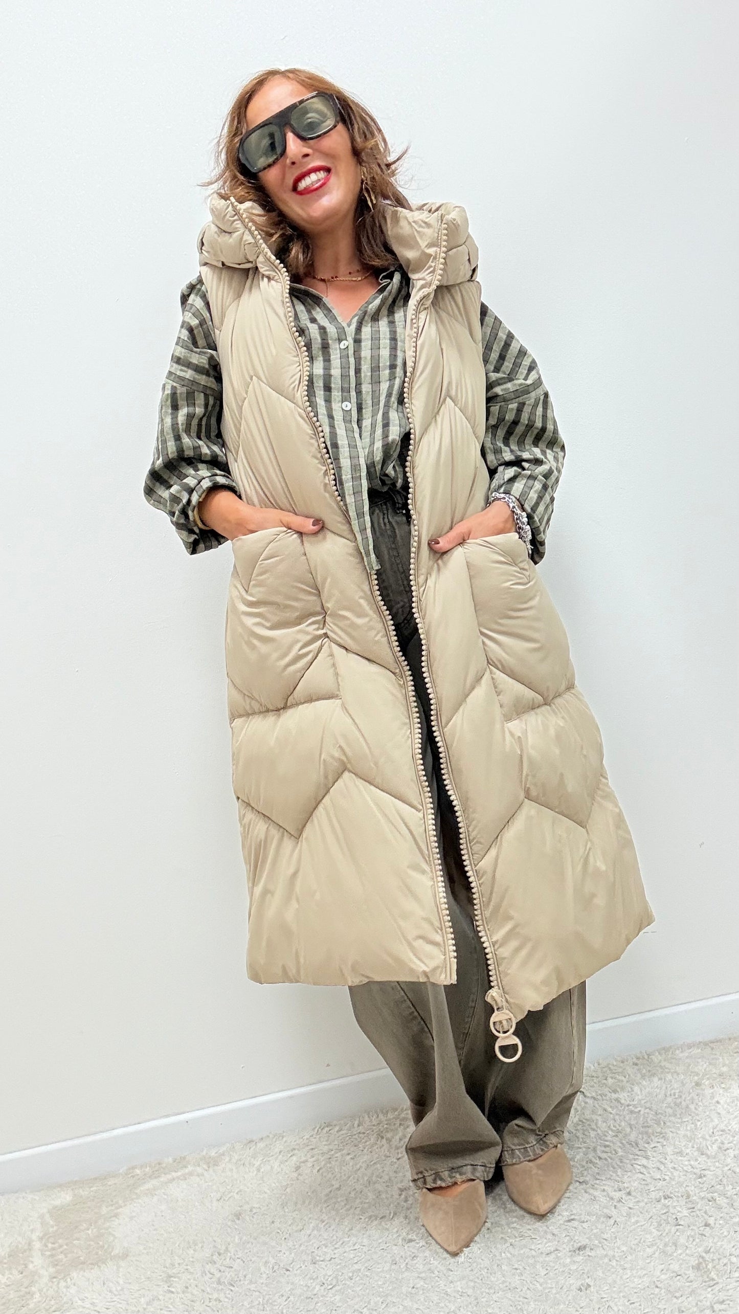 Gilet trapuntato con cappuccio Extasy beige
