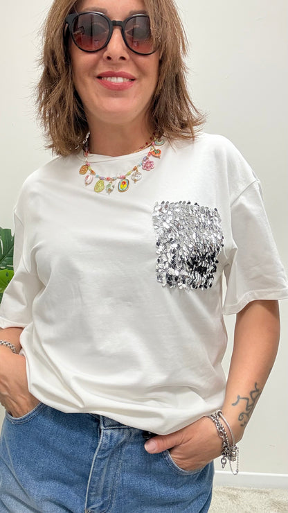 T-shirt tasca paillettes Bianca Susy Mix