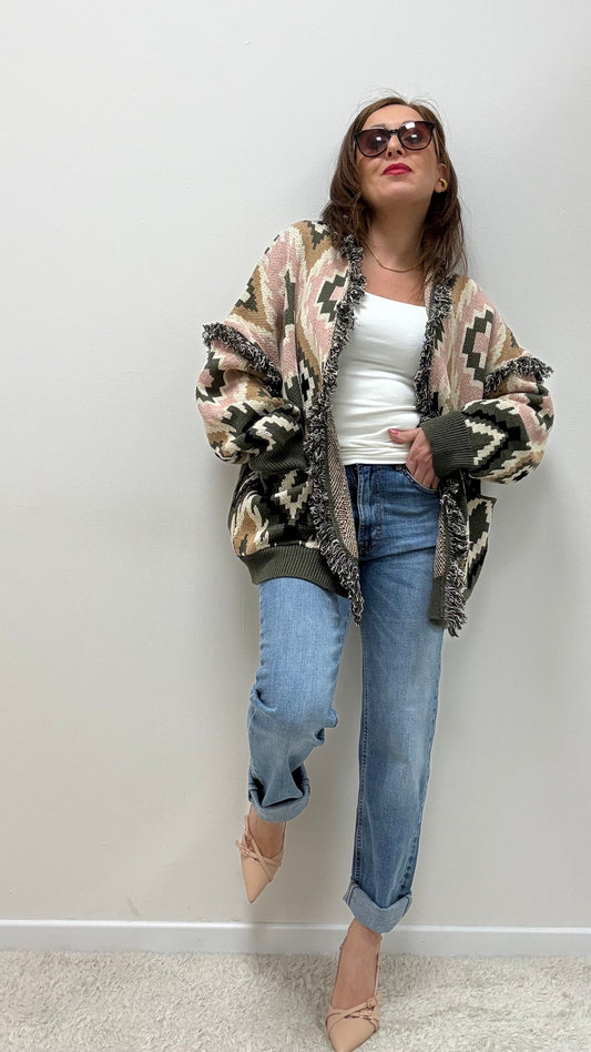 Cardigan Caban etnico frange verde Tensione In