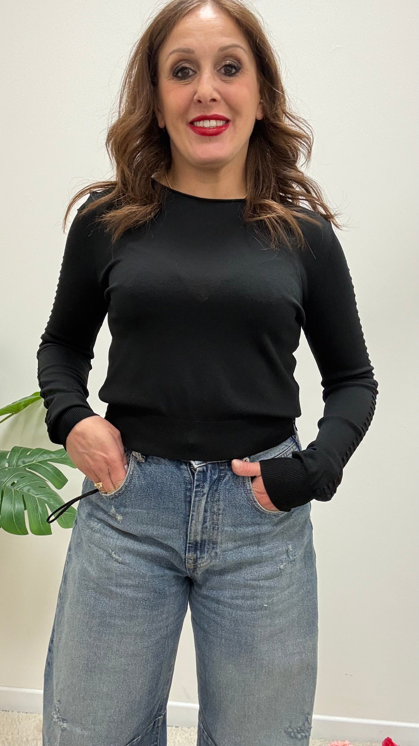 Maglia crop manica lavorata Extasy Nera
