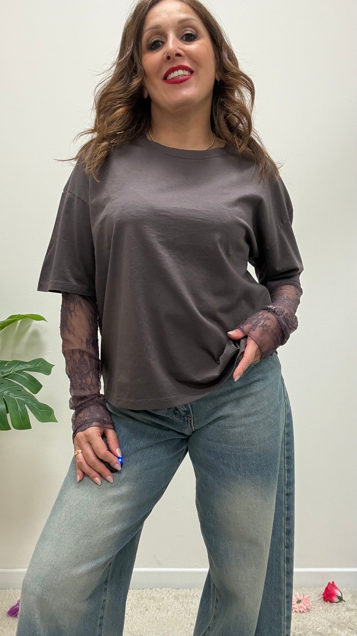 Susy Mix T-Shirt con Manica in Pizzo Moro