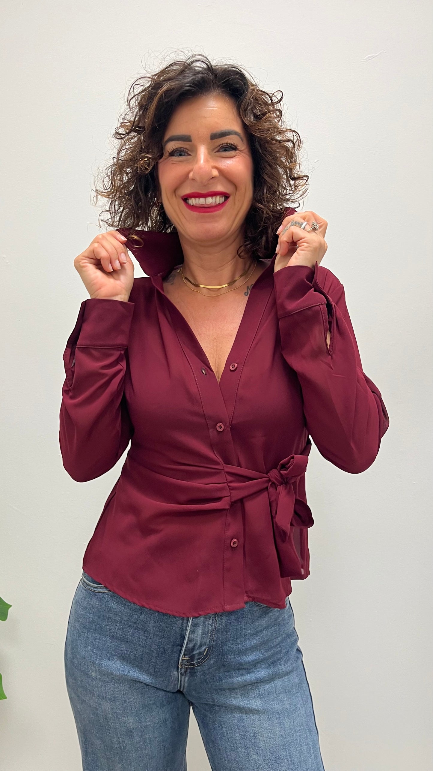 Camicia in georgette con nodo Extasy bordeaux