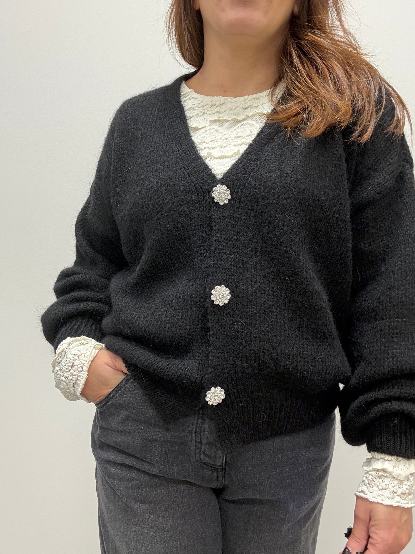 Cardigan gioiello Strass Haveone nero