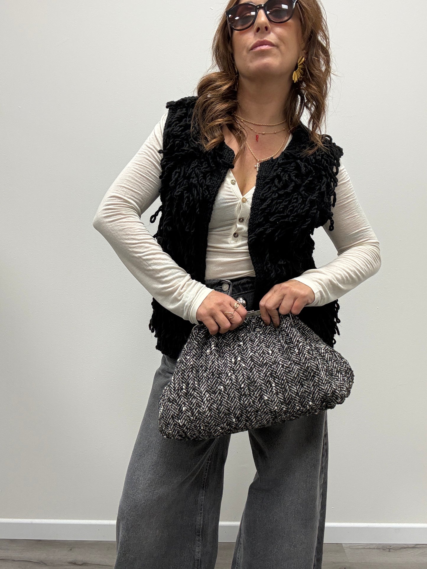 Borsa porchette in tweed bianco e nero Susy Mix