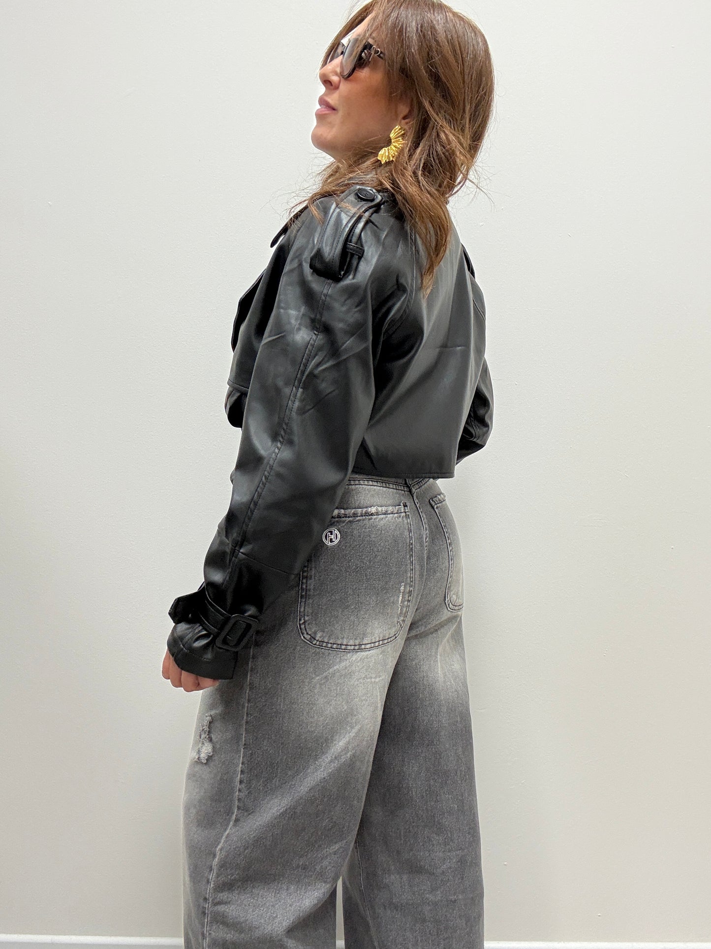 Giacca bomber ecopelle cintura nero