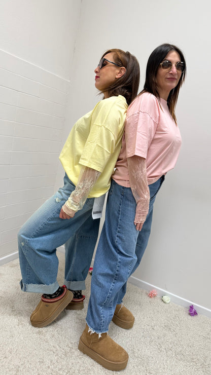 Susy Mix T-Shirt con Manica in Pizzo Gialla
