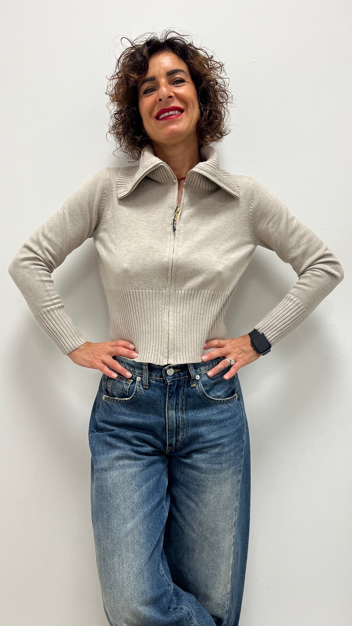 Maglia liscia con zip Extasy tortora