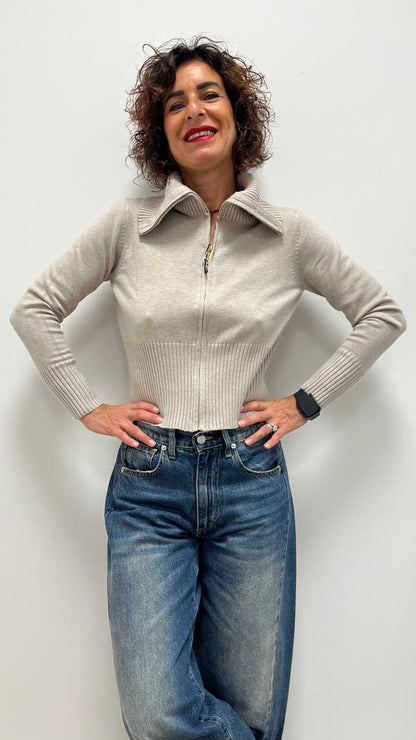 Maglia liscia con zip Extasy tortora