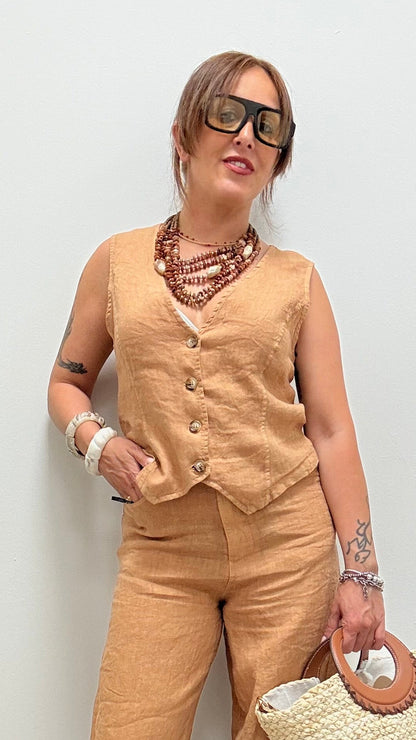 Gilet in lino avvitato cammello Haveone